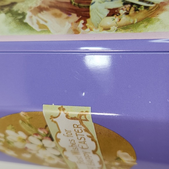 Easter Greetings Wishes Victorian Litho Printed Girl with Birds Tall Tin Box - Picture 12 of 14